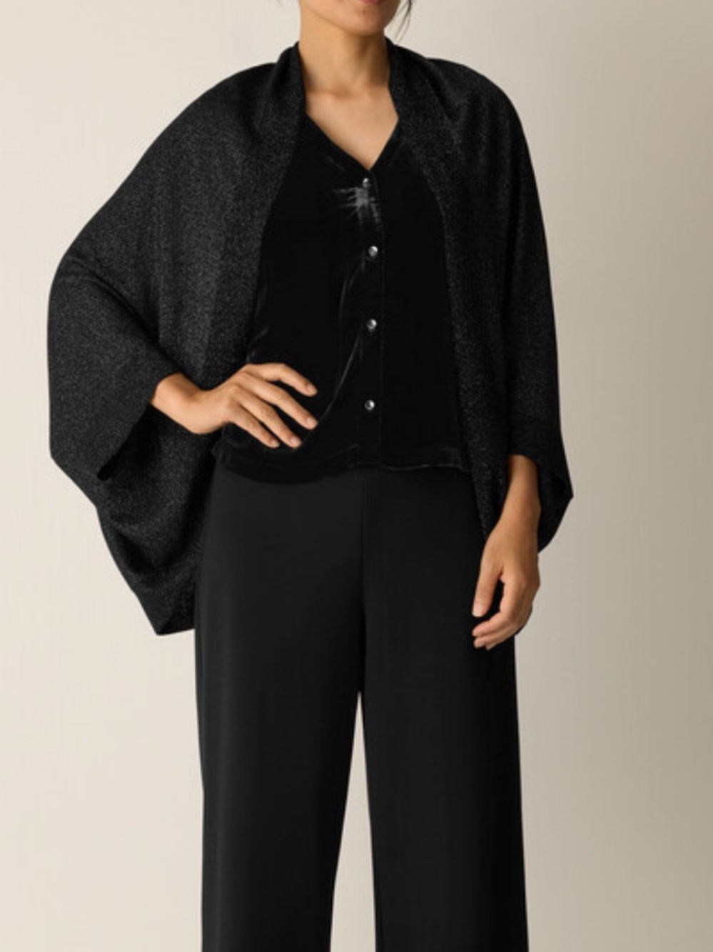 EILEEN FISHER Black Metallic Merino Wool Shrug One Size, NWT